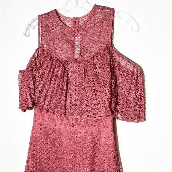 Keepsake Rose Pink Lace Sweetheart Plunge Ruffle Cold Shoulder Mini Pencil Dress - Picture 11 of 16